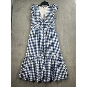 Anthropologie The Peregrine Midi Dress Blue Checkered Size Large Petite V-neck